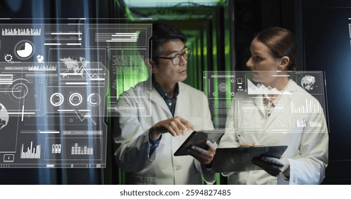 Image of digital data processing over diverse it technicians by computer servers. Global connections, computing and data processing concept digitally generated image.