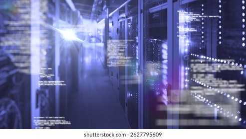 Image of digital data processing over server room. Global business, finances, data processing and digital interface concept digitally generated image.