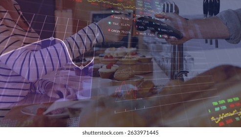 Image of digital data processing over people using a payment terminal. Global financial, connections, data processing and digital interface concept digitally generated image.