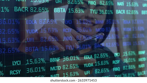 Image of digital data processing over woman using a payment terminal. Global financial, connections, data processing and digital interface concept digitally generated image.