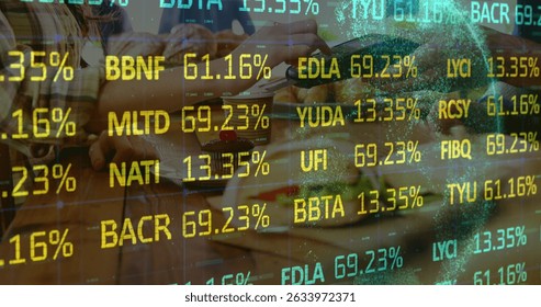 Image of digital data processing over people using a payment terminal. Global financial, connections, data processing and digital interface concept digitally generated image.