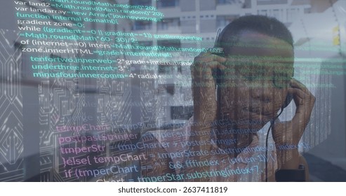 Image of digital data processing over african american women using headphones. Global connections, data processing and digital interface concept digitally generated image.