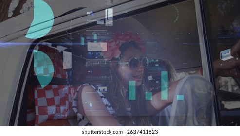 Image of digital data processing over two caucasian people in car. Global connections, data processing and digital interface concept digitally generated image.