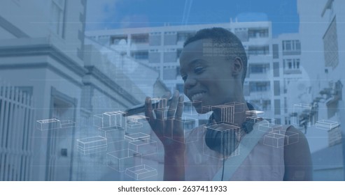 Image of digital data processing over african american woman using smartphone. Global connections, data processing and digital interface concept digitally generated image.