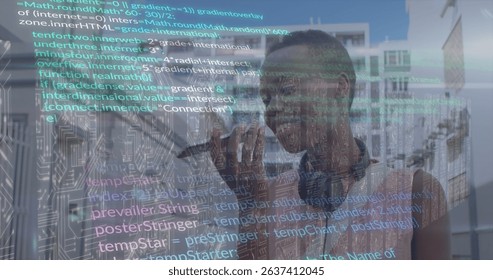 Image of digital data processing over african american woman using smartphone. Global connections, data processing and digital interface concept digitally generated image.