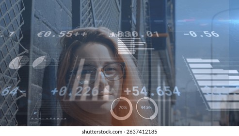 Image of digital data processing over caucasian women. Global connections, data processing and digital interface concept digitally generated image.