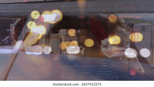 Image of digital data processing over two caucasian people in car. Global connections, data processing and digital interface concept digitally generated image.