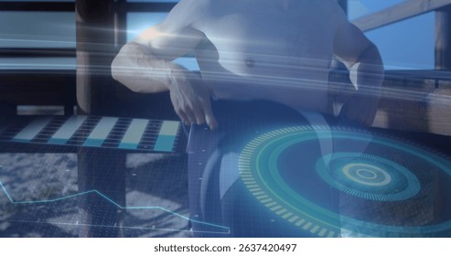 Image of digital data processing over caucasian surfer. Global connections, data processing and digital interface concept digitally generated image.
