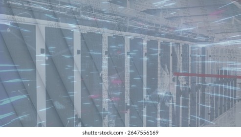 Image of digital data processing over server room. Global connections and technology concept digitally generated image