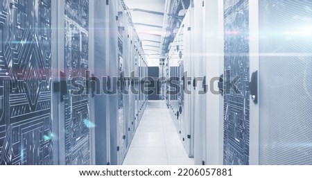 Image of digital data processing over server room. Global digital data processing concept digital generated image.
