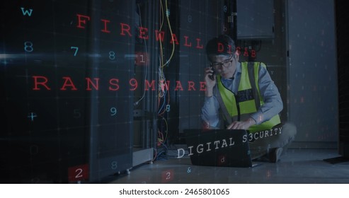 Image of digital data processing and qr code over caucasian server room worker. Global connections, data processing and digital interface concept digitally generated image. - Powered by Shutterstock