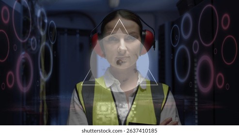 Image of digital data processing and qr code over caucasian female server room worker. Global connections, data processing and digital interface concept digitally generated image.