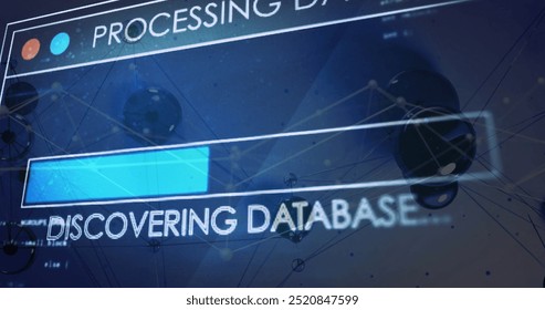 Image of digital data processing and text over networks of connections. Global connections, computing and data processing concept digitally generated image.