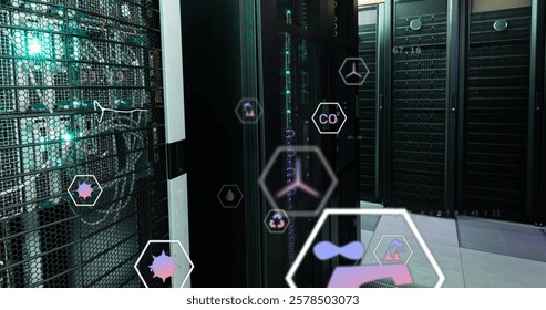 Image of digital eco icons and data processing over computer servers. Global connections, computing and data processing concept digitally generated image.