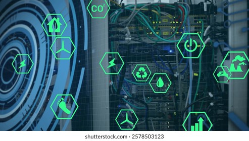 Image of digital eco icons and data processing over computer servers. Global connections, computing and data processing concept digitally generated image.
