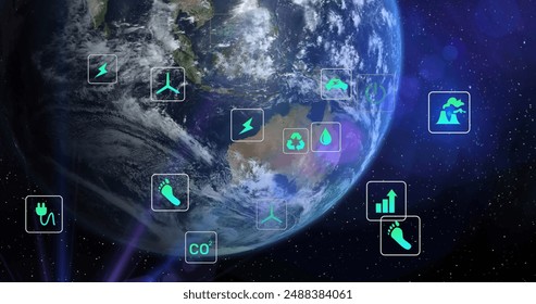 Image of digital eco icons processing over globe. Global environment, data processing and computing concept digitally generated image.