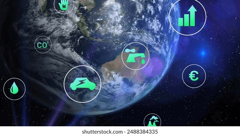 Image of digital eco icons processing over globe. Global environment, data processing and computing concept digitally generated image.