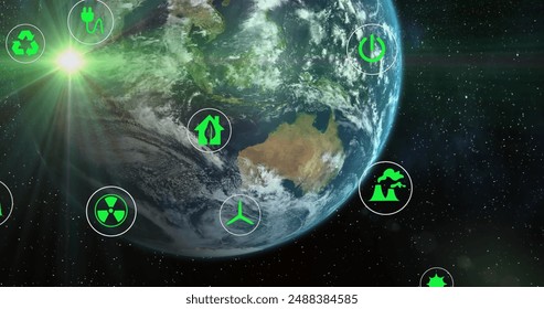 Image of digital eco icons processing over globe. Global environment, data processing and computing concept digitally generated image.