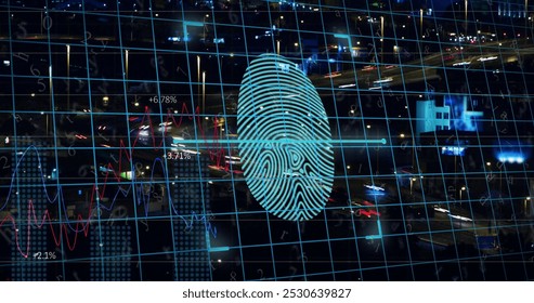 Image of digital fingerprint with grid over time lapse of vehicles moving on street in city. Digital composite, multiple exposure, security, biometric, skyscrapers, transportation, technology.