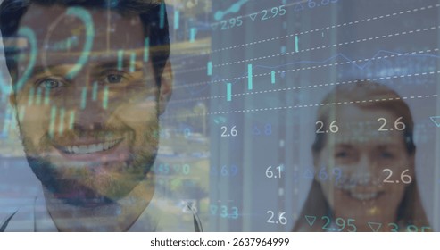 Image of digital graphs and numbers moving over portrait of cacuasian happy doctors in hospital. Digital composite, multiple exposure, teamwork, infographic, futuristic, medical and healthcare.