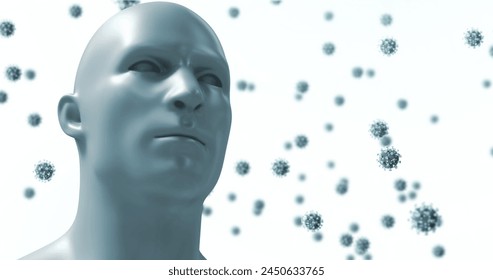 Image of a digital human head with giant virus models floating on a white background. Coronavirus Covid-19 pandemic concept digital composite. - Powered by Shutterstock