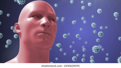 Image of a digital human head with giant virus models floating on a blue background. Coronavirus Covid-19 pandemic concept digital composite. - Powered by Shutterstock