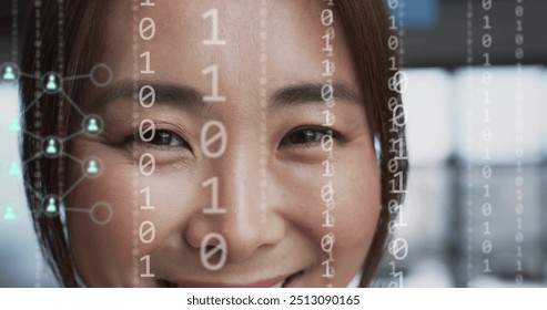 Image of digital icons, binary coding data processing over asian businesswoman in office. Global finance, business, connections, computing and data processing concept digitally generated image.