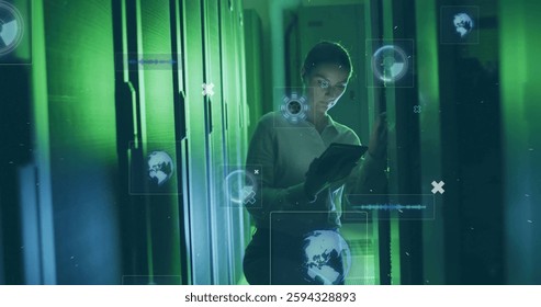 Image of digital icons and data over caucasian female it technician by computer servers. Global connections, computing and data processing concept digitally generated image.