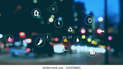 Image of digital icons and data processing over cars on road. global digital interface, data processing and technology concept digitally generated image.