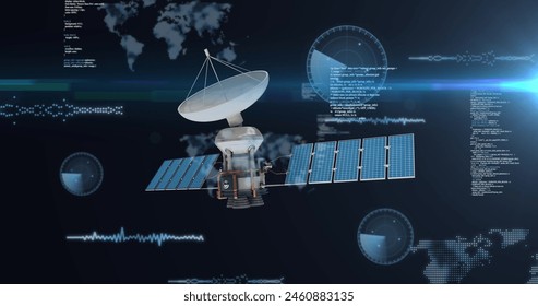 Image of digital icons and data processing over world map and satellite. Global connections, networks, digital interface and data processing concept digitally generated image.
