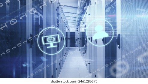 Image of digital icons, data processing and binary coding against server room. Computer interface and business data storage technology concept
