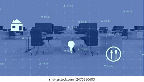 Image of digital icons and data processing over grid network against empty office. Computer interface and business technology concept
