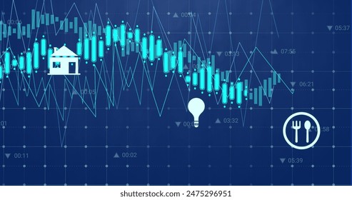 Image of digital icons and data processing over grid network against blue background, copy space. Computer interface and business technology concept