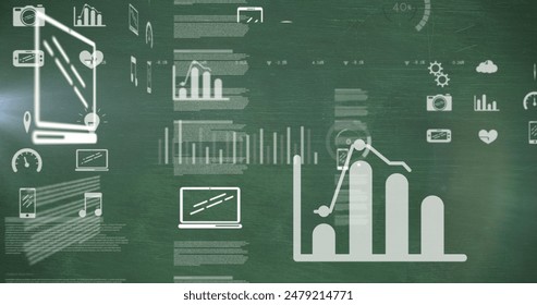 Image of digital icons and data processing over green background. Global computing, digital interface and data processing concept digitally generated image.