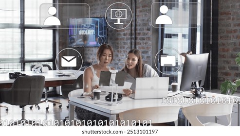 Image of digital icons and data processing over diverse business people in office. Global finance, business, connections, computing and data processing concept digitally generated image.