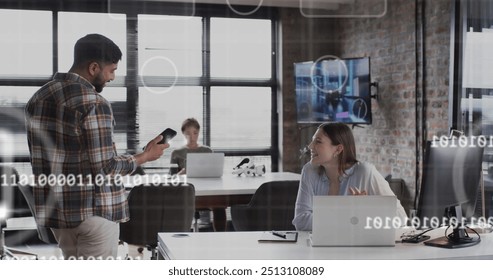 Image of digital icons and data processing over diverse business people in office. Global finance, business, connections, computing and data processing concept digitally generated image.