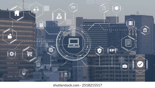 Image of digital icons and data processing over cityscape. Global finance, business, connections, computing and data processing concept digitally generated image.