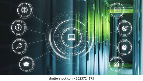 Image of digital icons and data processing over computer servers. Global connections, computing and data processing concept digitally generated image.