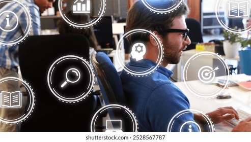 Image of digital icons with data processing over caucasian businessman in office. Global business, finances, computing and data processing concept digitally generated image. - Powered by Shutterstock - Get 15% off with code: PIKWIZARD15