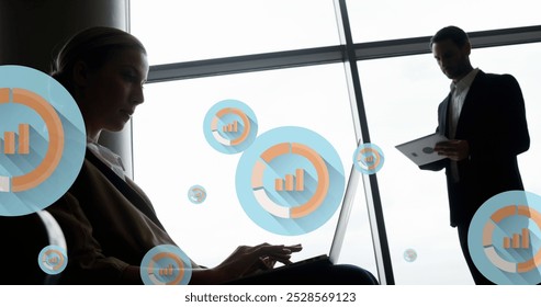 Image of digital icons with data processing over diverse business people in office. Global business, finances, computing and data processing concept digitally generated image. - Powered by Shutterstock