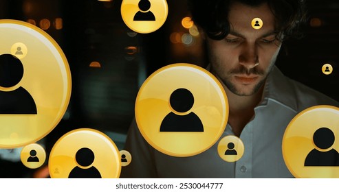 Image of digital icons with data processing over caucasian businessman in office. Global business, finances, computing and data processing concept digitally generated image.