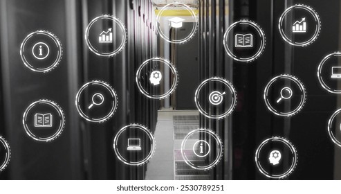 Image of digital icons and data processing over computer servers. Global business, connections, computing and data processing concept digitally generated image.