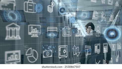 Image of digital icons and data processing over caucasian male engineer walking in server room. Computer interface and business data storage technology concept