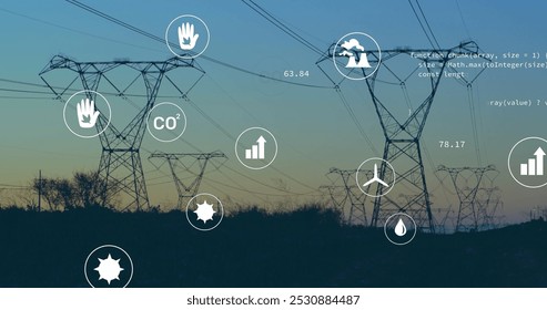 Image of digital icons and data processing over power lines. global digital interface, data processing and technology concept digitally generated image.