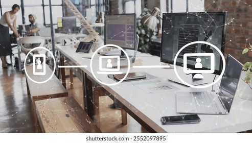 Image of digital icons and data processing over office. Global finance, business, connections, computing and data processing concept digitally generated image.