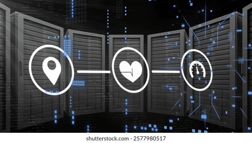 Image of digital icons and digital data processing over computer servers. Global connections, computing and data processing concept digitally generated image.