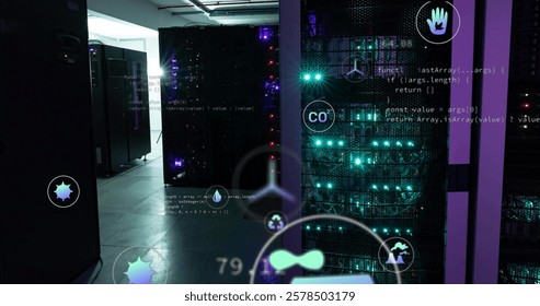 Image of digital icons and data processing over computer servers. Global connections, computing and data processing concept digitally generated image.