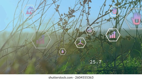Image of digital icons and data processing over power lines on field. global digital interface, data processing and technology concept digitally generated image.
