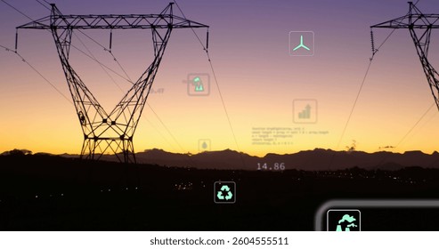Image of digital icons and data processing over power lines. global digital interface, data processing and technology concept digitally generated image.