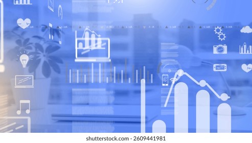 Image of digital icons and data processing over cityscape on blue background. global connections, technology and digital interfaces concept digitally generated image. - Powered by Shutterstock - Get 15% off with code: PIKWIZARD15